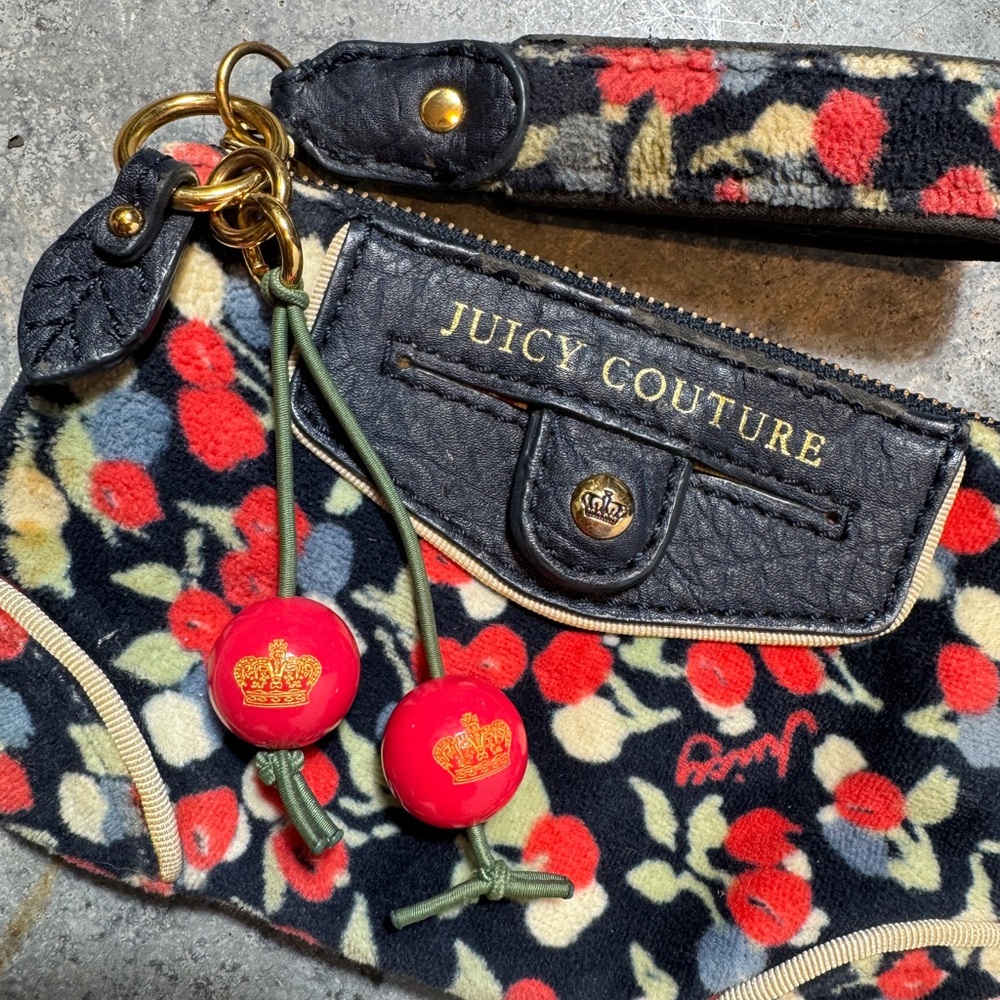 Vintage Juicy Couture cherry velour wristlet bag with keychain and cherry charm